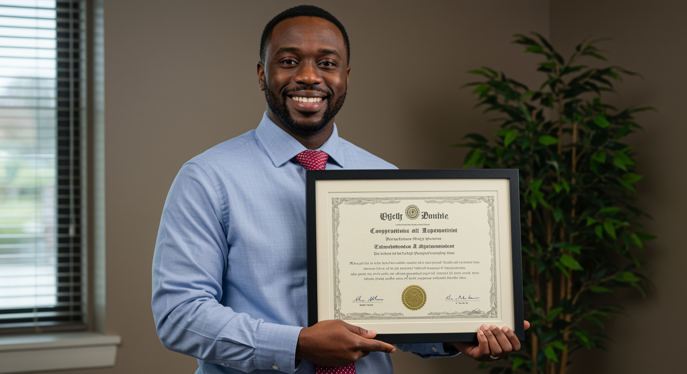 A professional holding a framed certificate of accomplishment