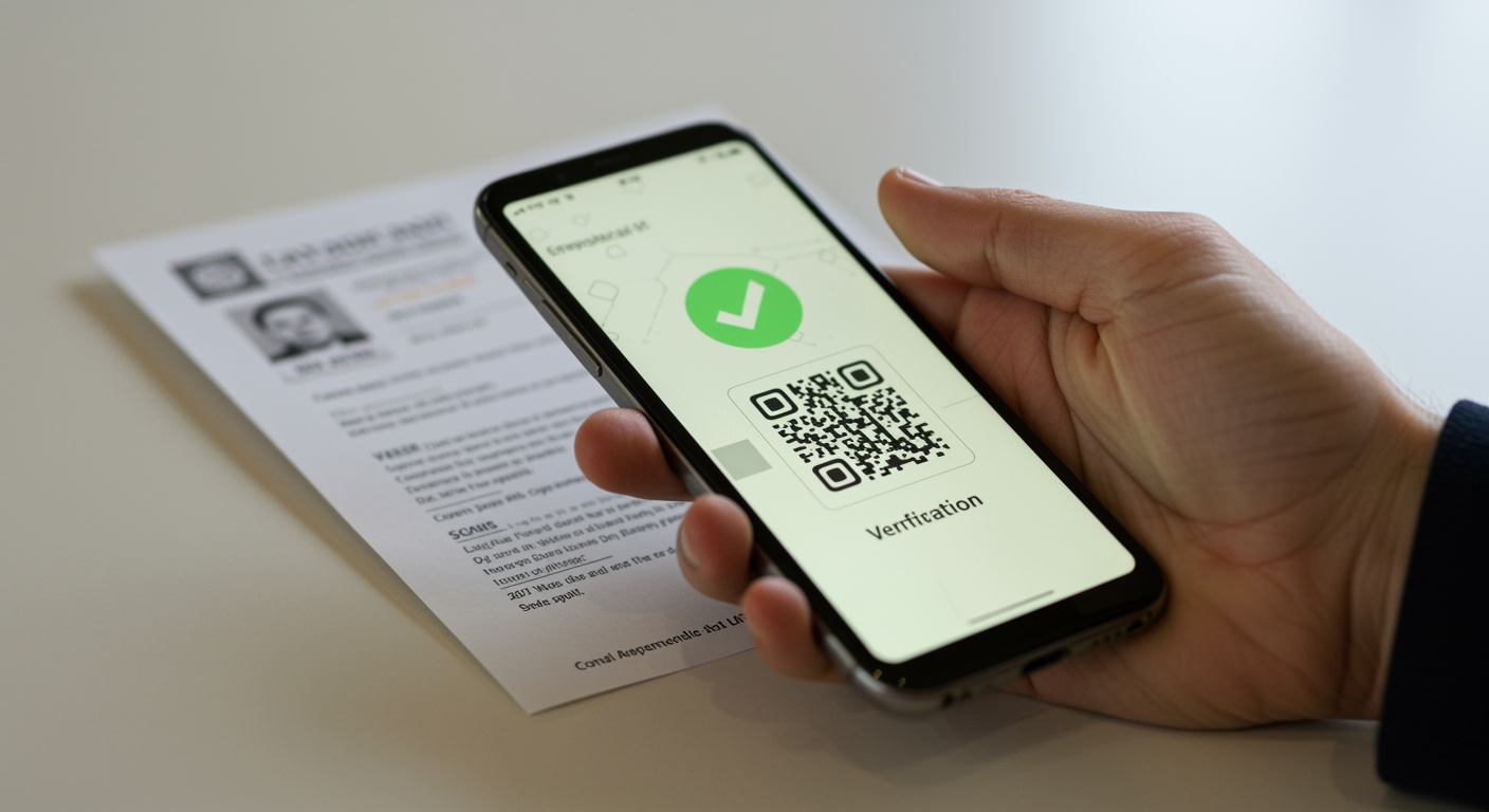 Illustration of a form response sheet flowing into a stack of QR-verified digital certificates